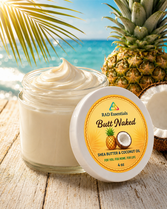 RAD Essentials Butt Naked Body Butter - Shea Butter & Coconut Oil - tropical beach mockup