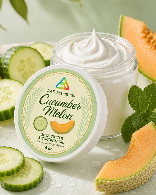 Cucumber Melon Body Butter - open jar with whipped shea butter, fresh cucumber, melon and mint